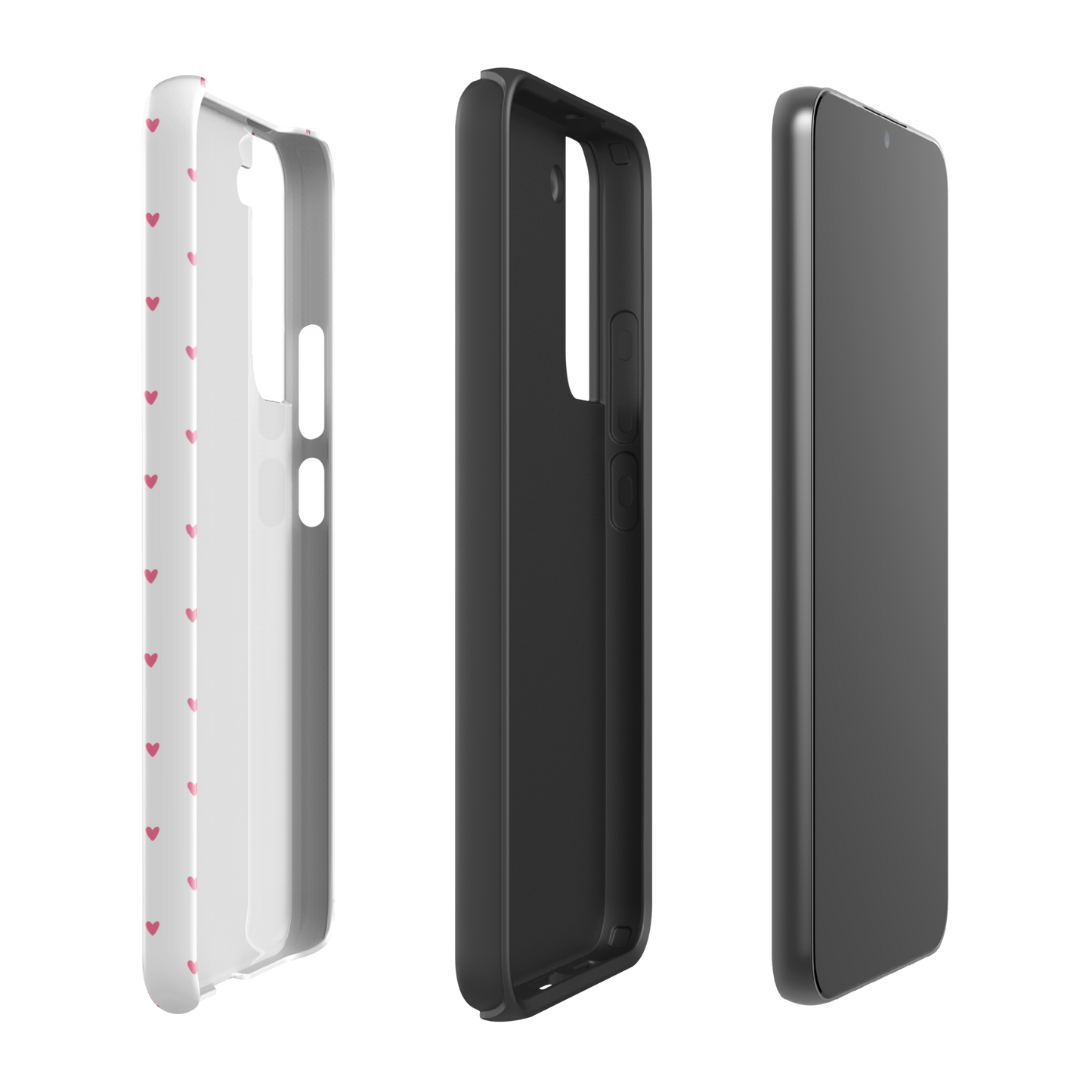 Phone Case for Samsung Galaxy with Heart-Dot Pattern, minimalist design showcasing playful red hearts on a sleek white background.