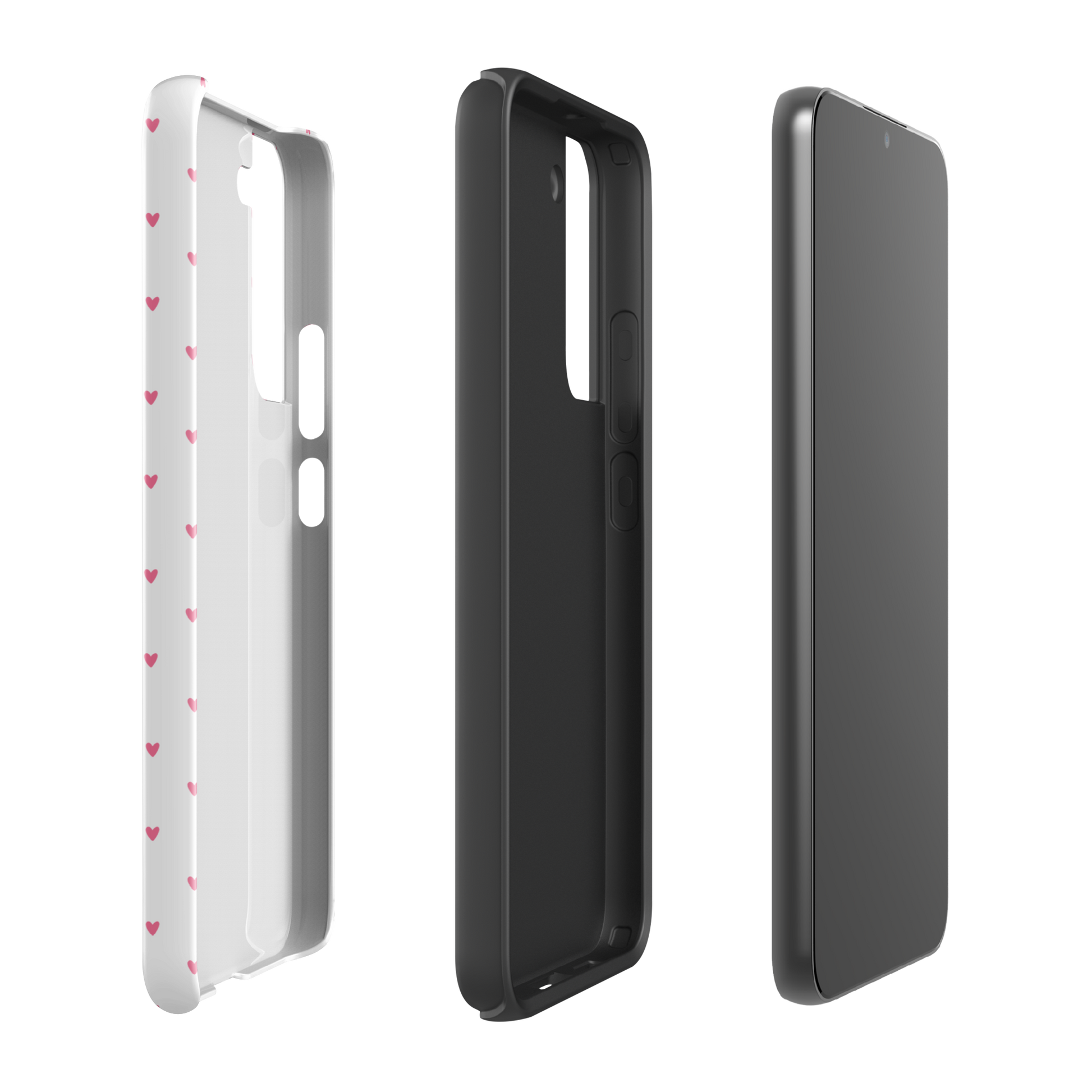 Phone Case for Samsung Galaxy with Heart-Dot Pattern, minimalist design showcasing playful red hearts on a sleek white background.