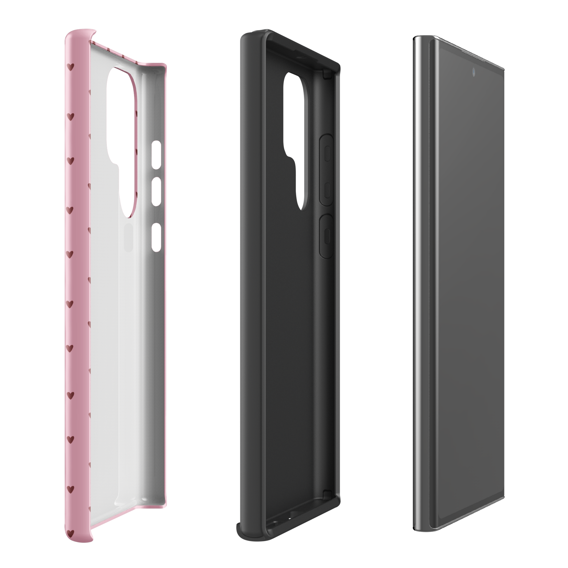Phone Case for Samsung Galaxy with Heart-Dot Pattern, featuring playful polka-dot design and minimalist style, in pink and black options.