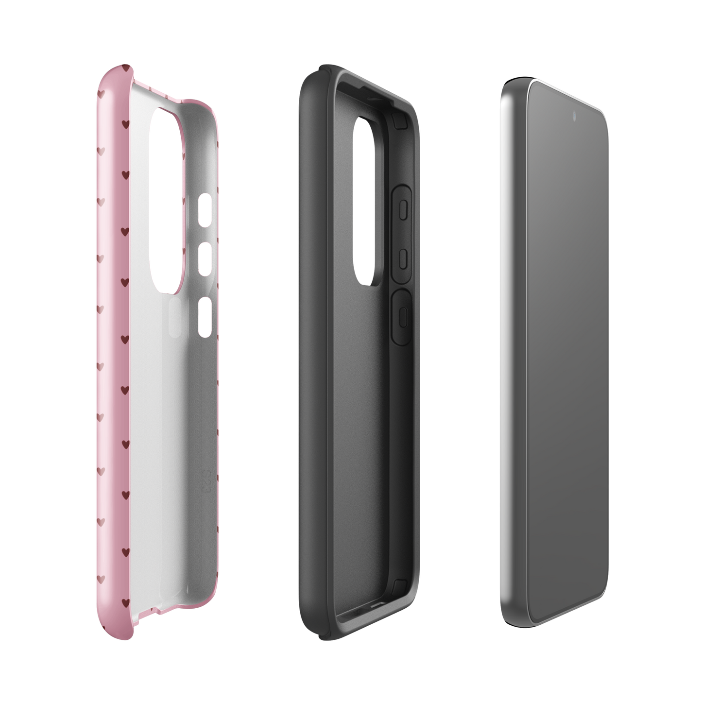 Phone Case for Samsung Galaxy with heart-dot pattern, showcasing pink, black, and transparent layers for a stylish, protective design.