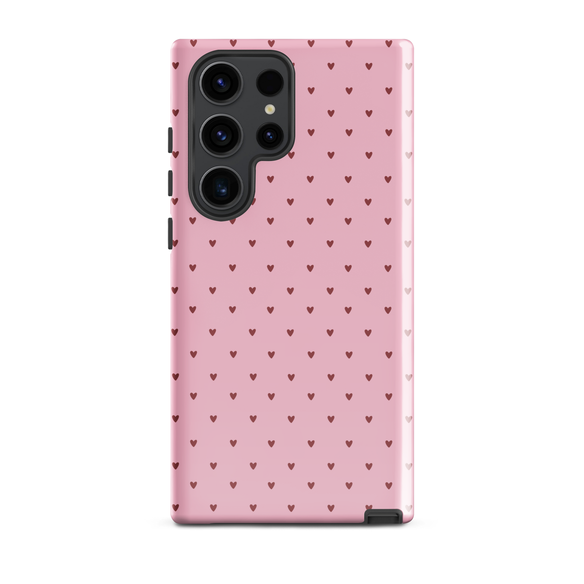 Phone Case for Samsung Galaxy with heart-dot pattern on pink background, playful polka-dot design, stylish minimalist accessory