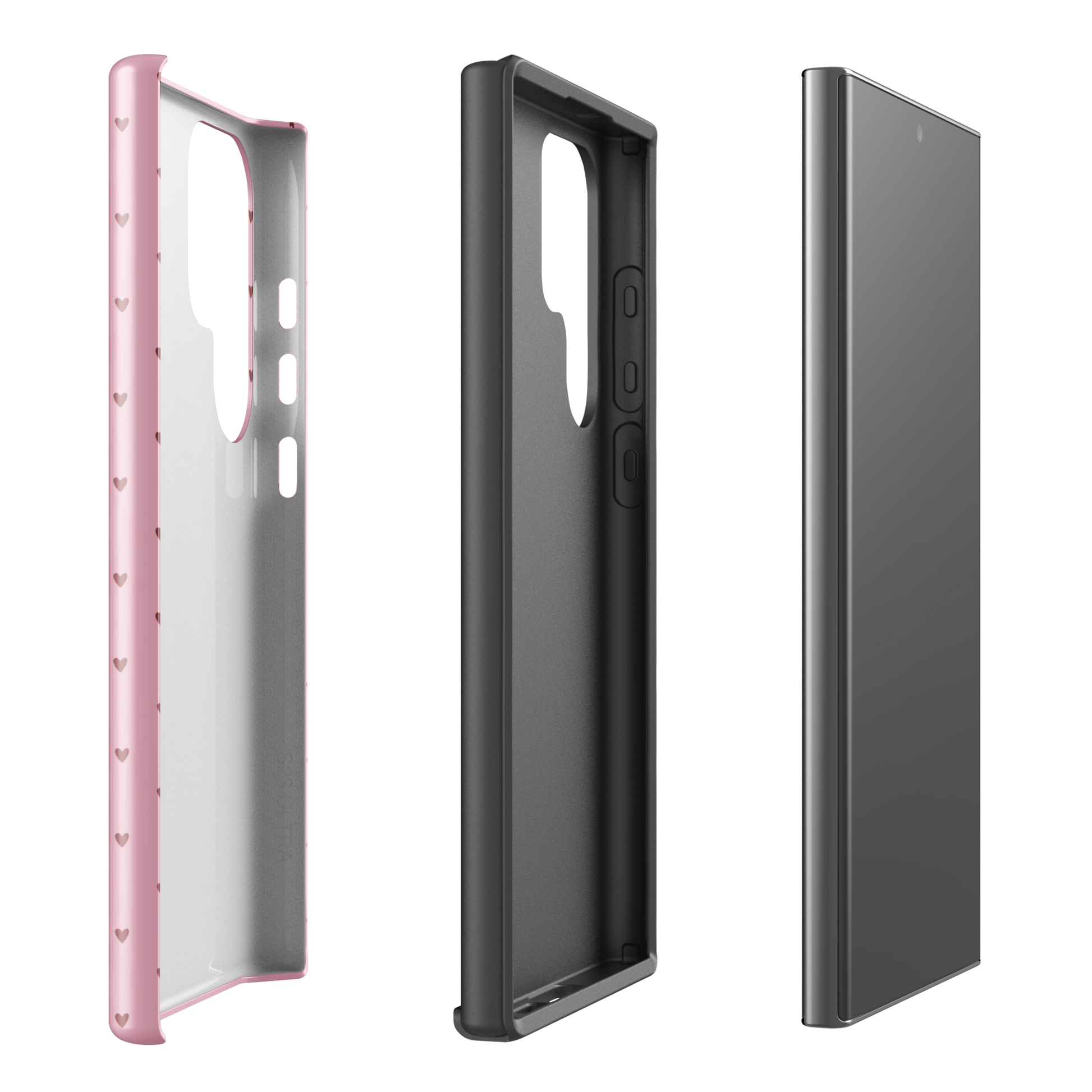 Phone Case for Samsung Galaxy with heart-dot pattern in pink, black, and grey sections emphasizing cute and modern style.