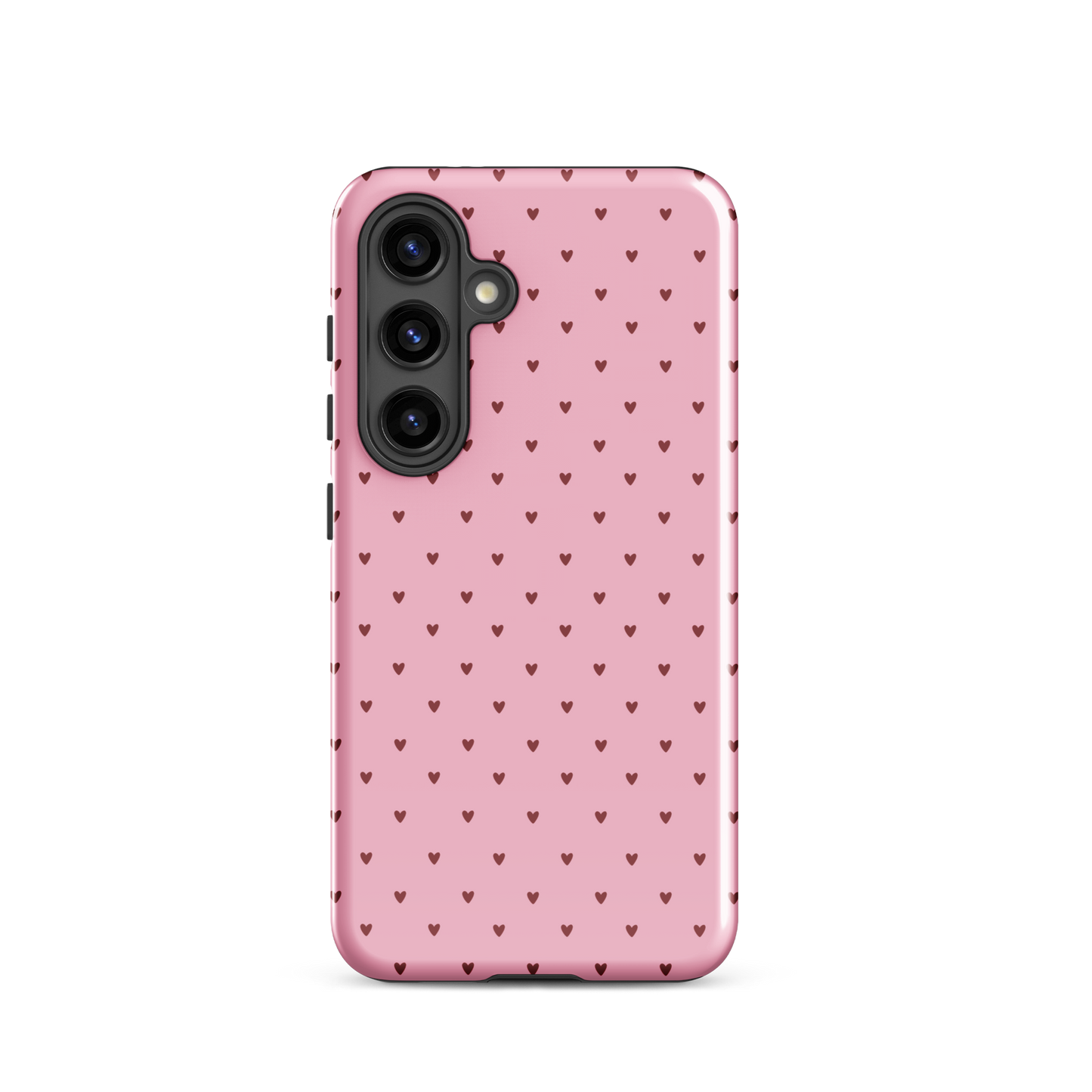 Phone Case for Samsung Galaxy with playful heart-dot pattern on a pink background, blending cute and modern design.