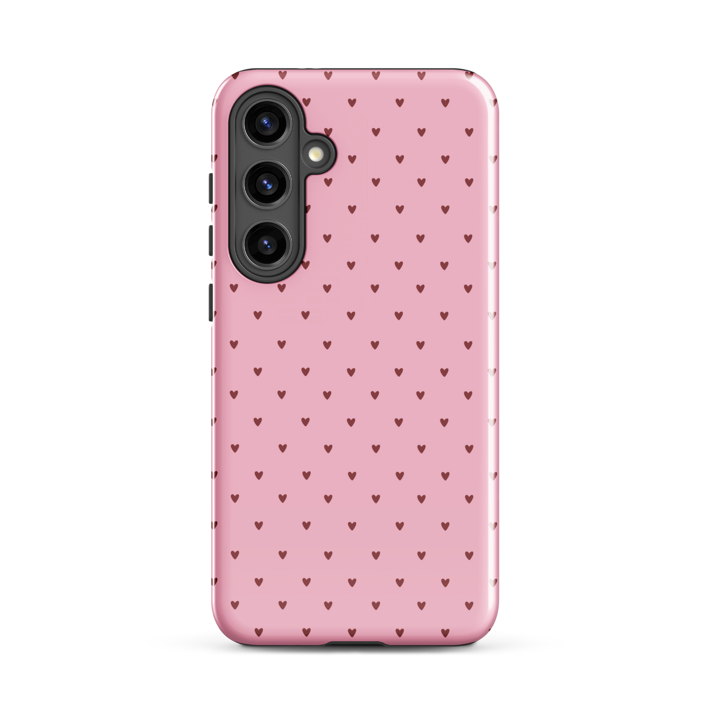 Phone Case for Samsung Galaxy with heart-dot pattern design, pink background, minimalist and stylish accessory.