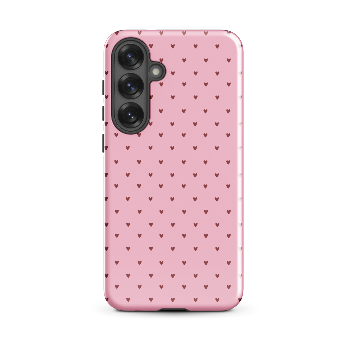 Phone Case for Samsung Galaxy with heart-dot pattern on pink background, combining cute and modern style.
