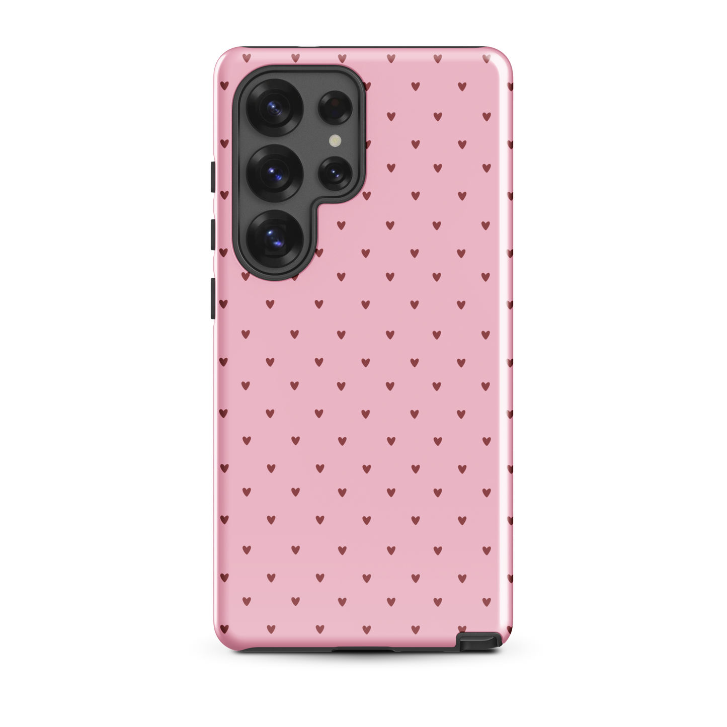 Phone Case for Samsung Galaxy with heart-dot pattern on a pink background, combining minimalist design with playful charm.