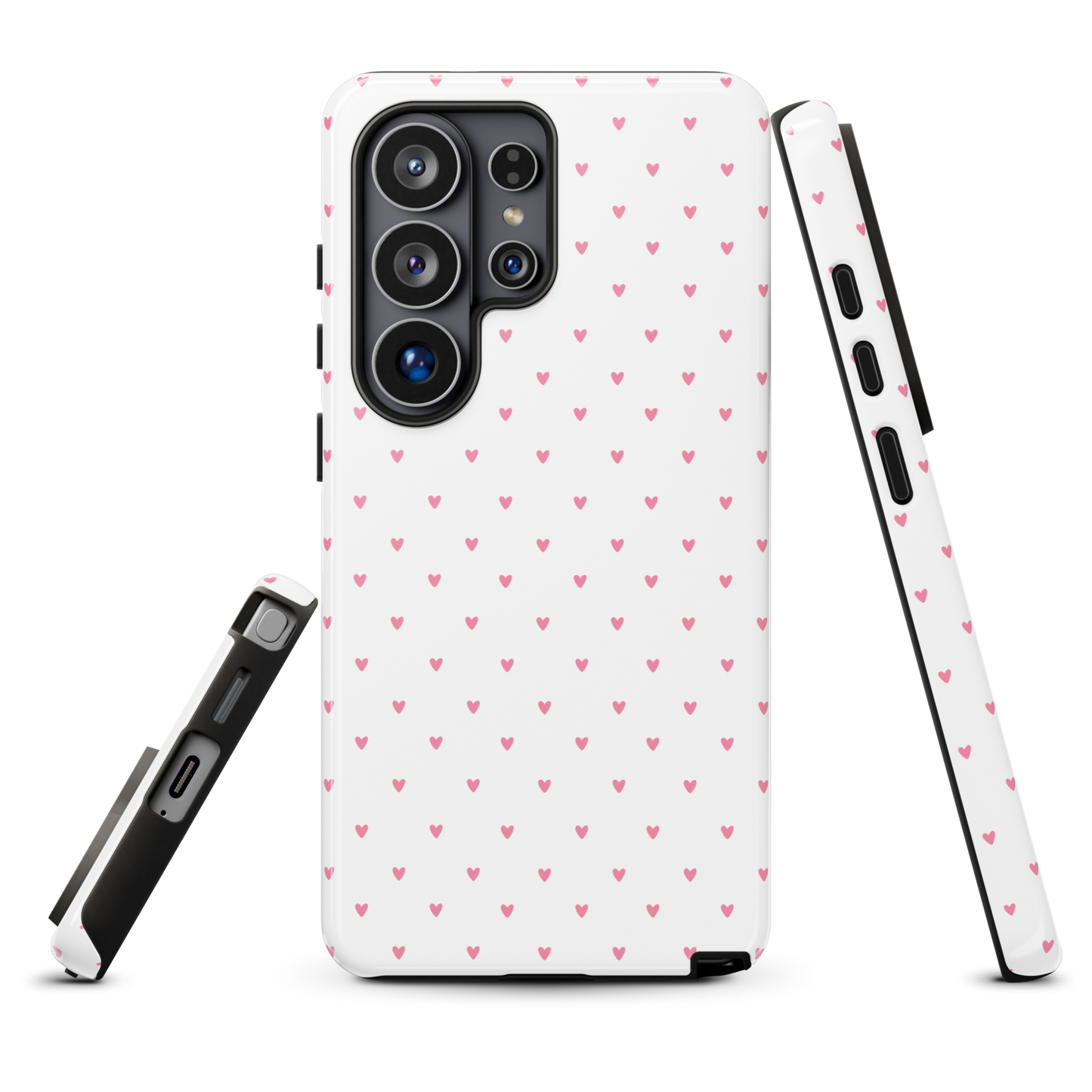 Phone Case for Samsung Galaxy with heart-dot pattern, featuring playful pink hearts on a white background for a cute, stylish look.