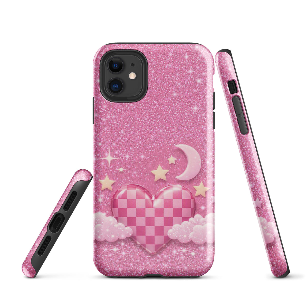 Phone Case for iPhone - Pink Checkered Heart Glitter Dream