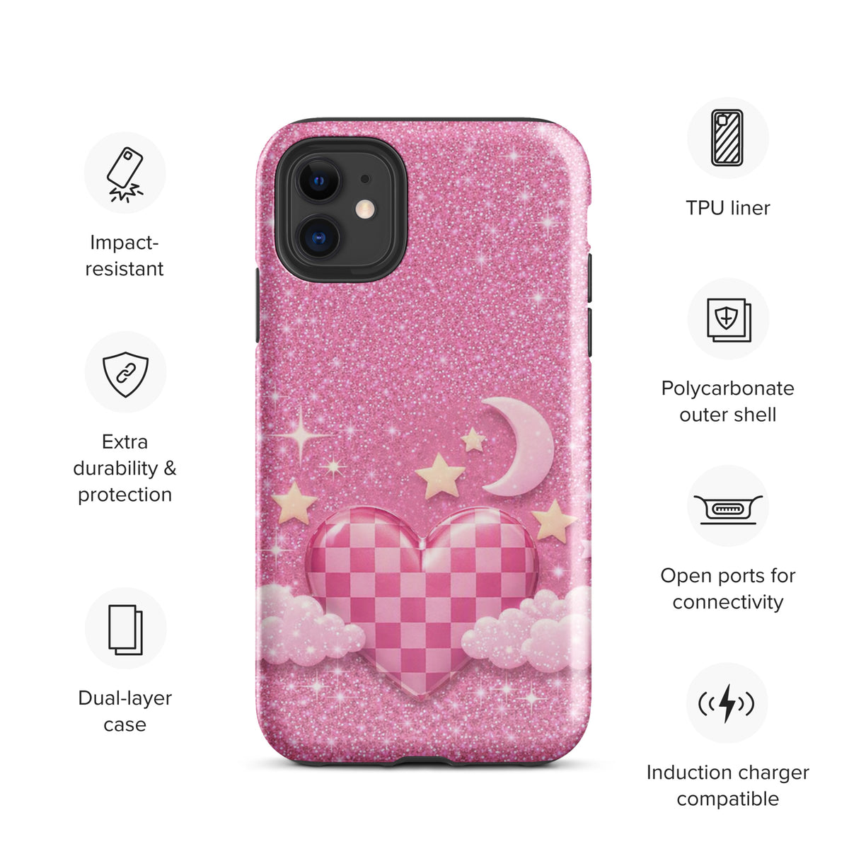 Phone Case for iPhone - Pink Checkered Heart Glitter Dream