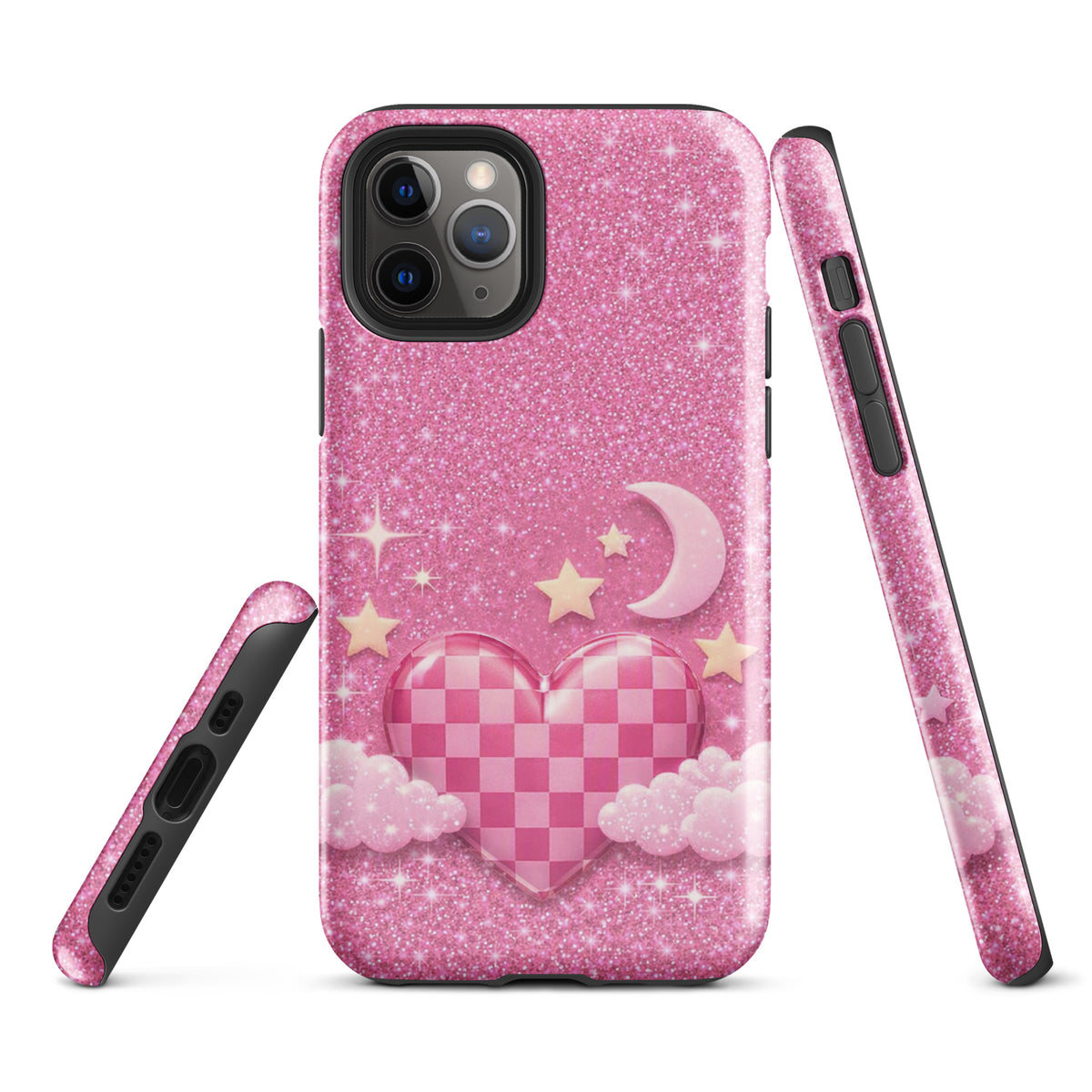 Phone Case for iPhone - Pink Checkered Heart Glitter Dream