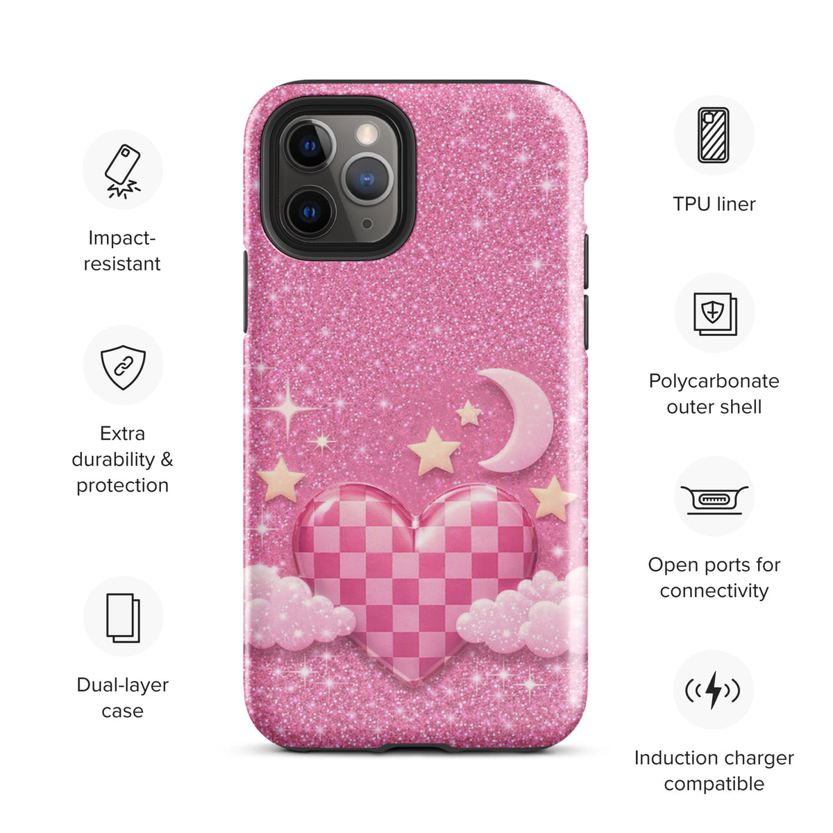 Phone Case for iPhone - Pink Checkered Heart Glitter Dream