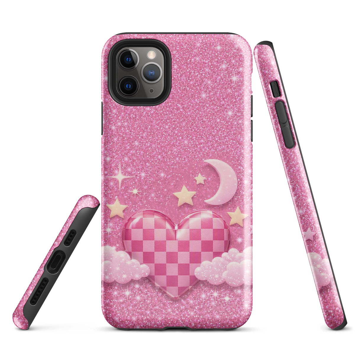 Phone Case for iPhone - Pink Checkered Heart Glitter Dream
