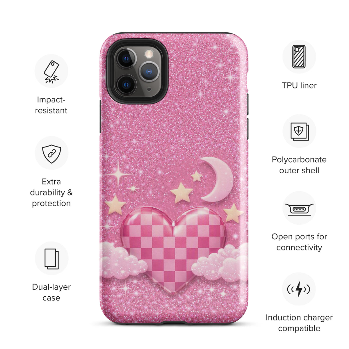 Phone Case for iPhone - Pink Checkered Heart Glitter Dream