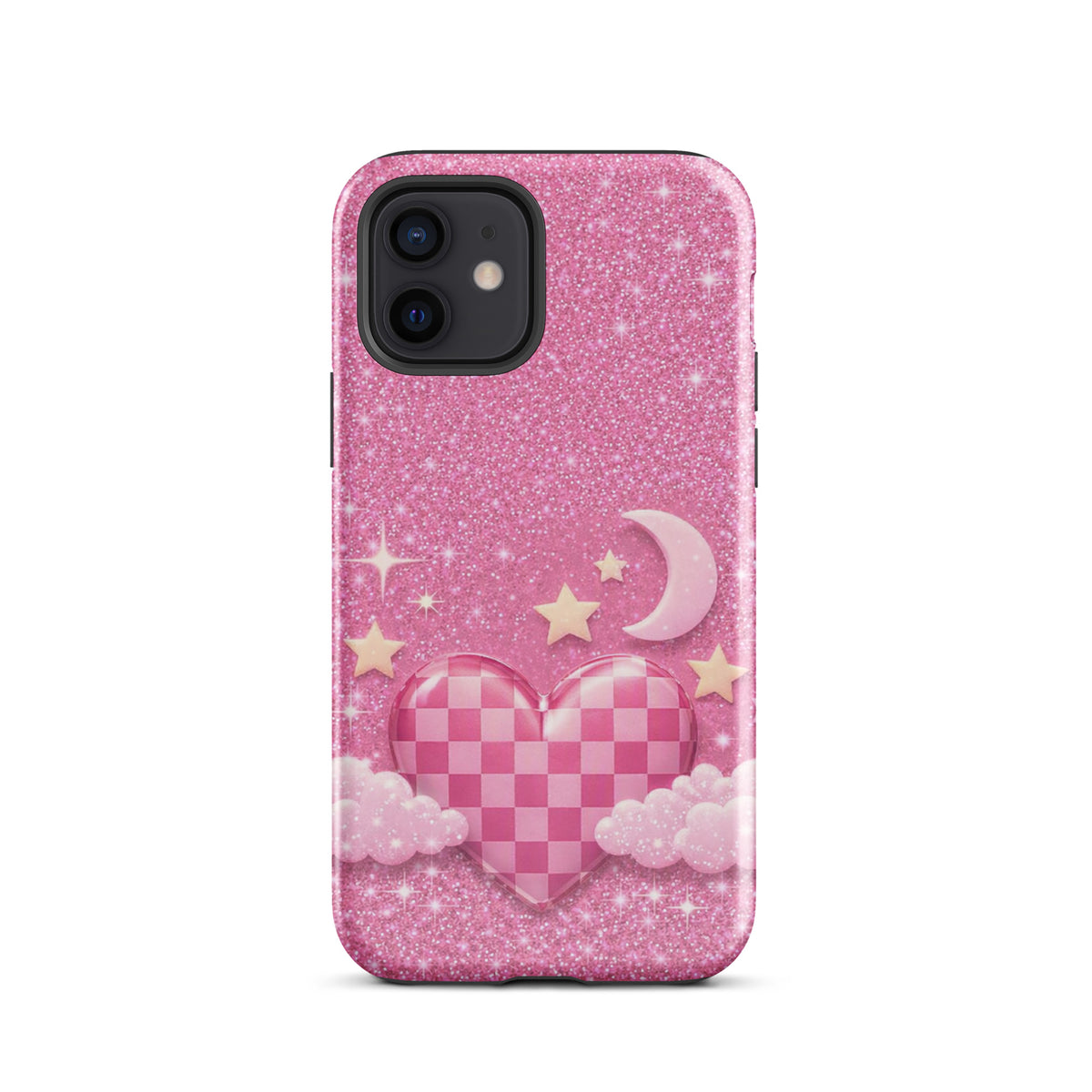 Phone Case for iPhone - Pink Checkered Heart Glitter Dream