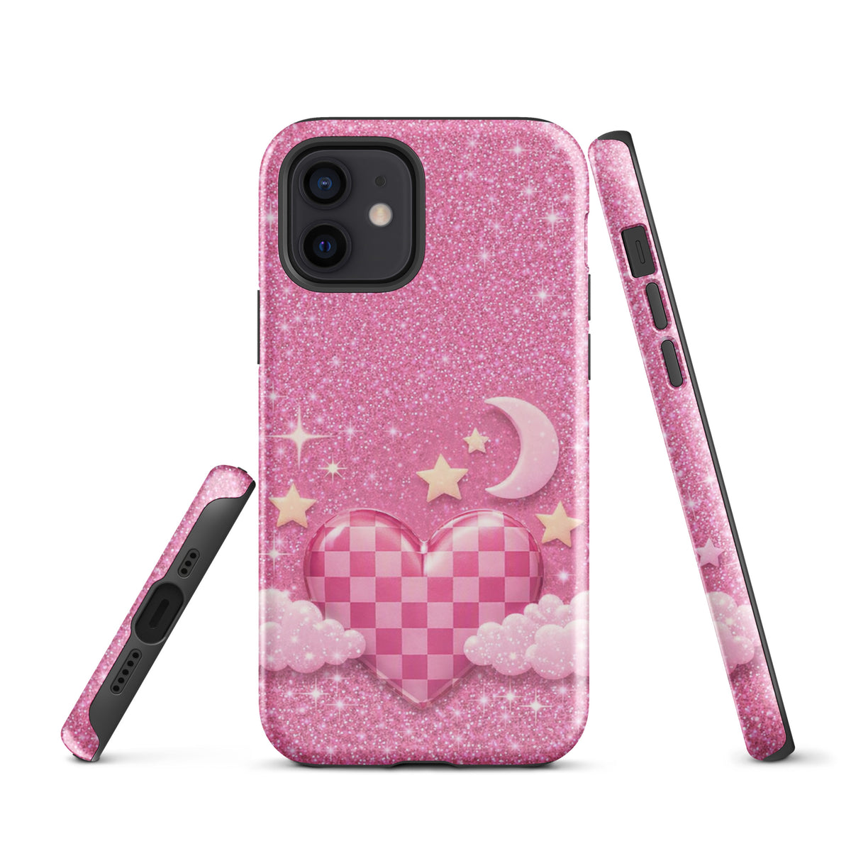 Phone Case for iPhone - Pink Checkered Heart Glitter Dream