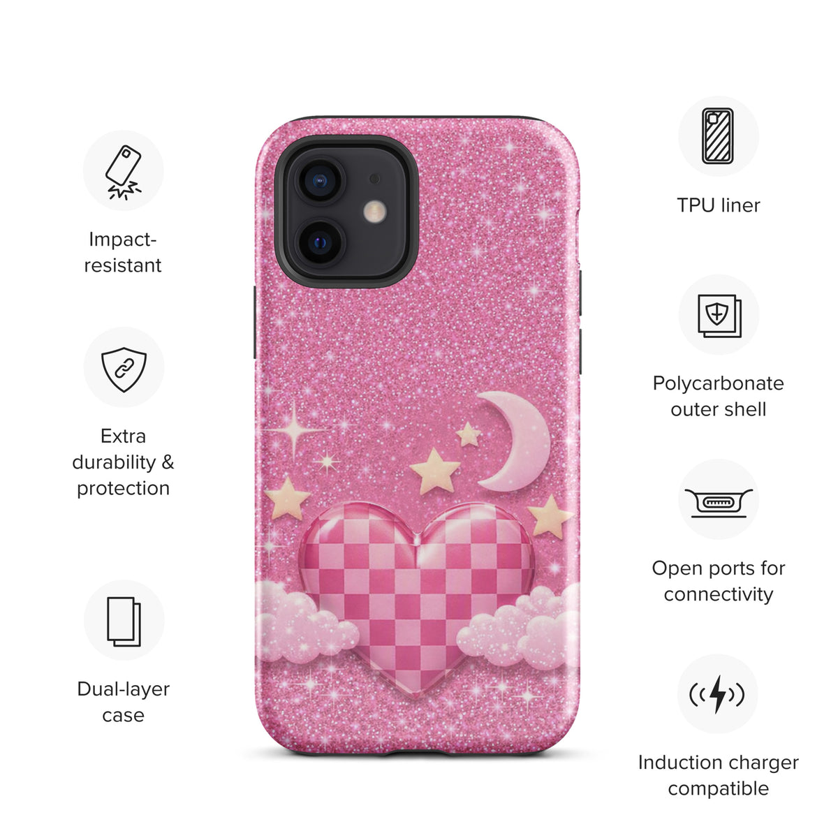 Phone Case for iPhone - Pink Checkered Heart Glitter Dream
