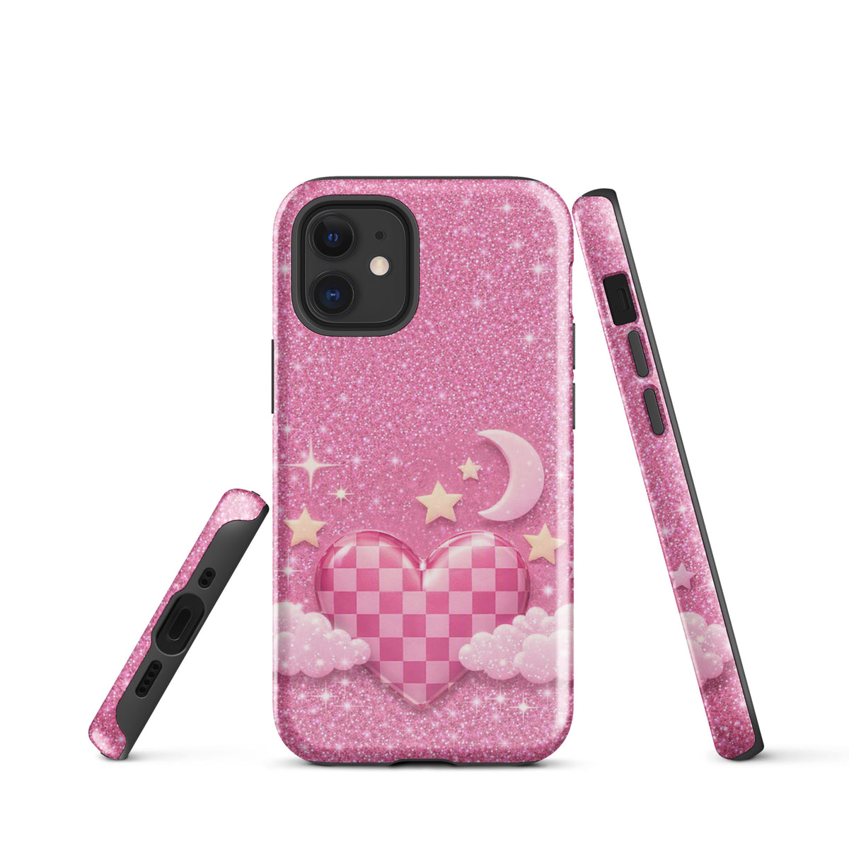 Phone Case for iPhone - Pink Checkered Heart Glitter Dream