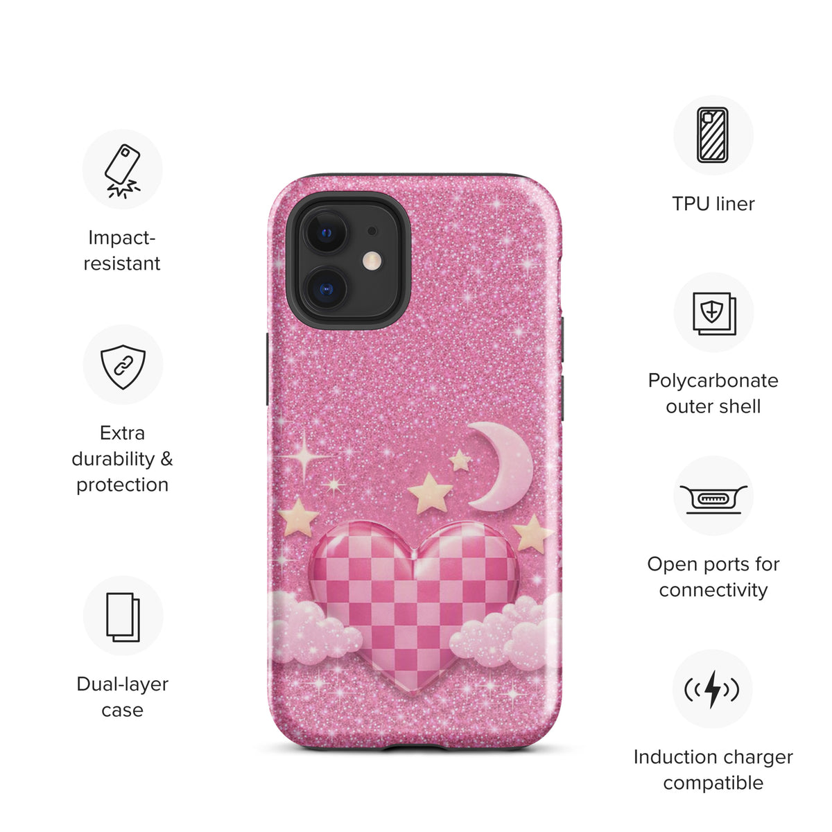 Phone Case for iPhone - Pink Checkered Heart Glitter Dream