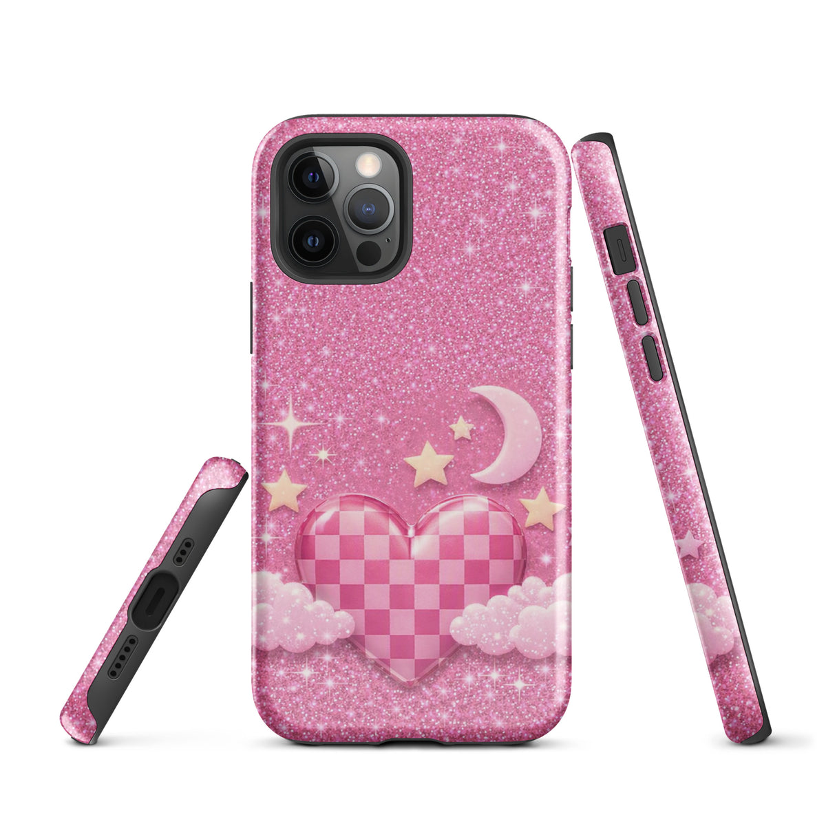 Phone Case for iPhone - Pink Checkered Heart Glitter Dream