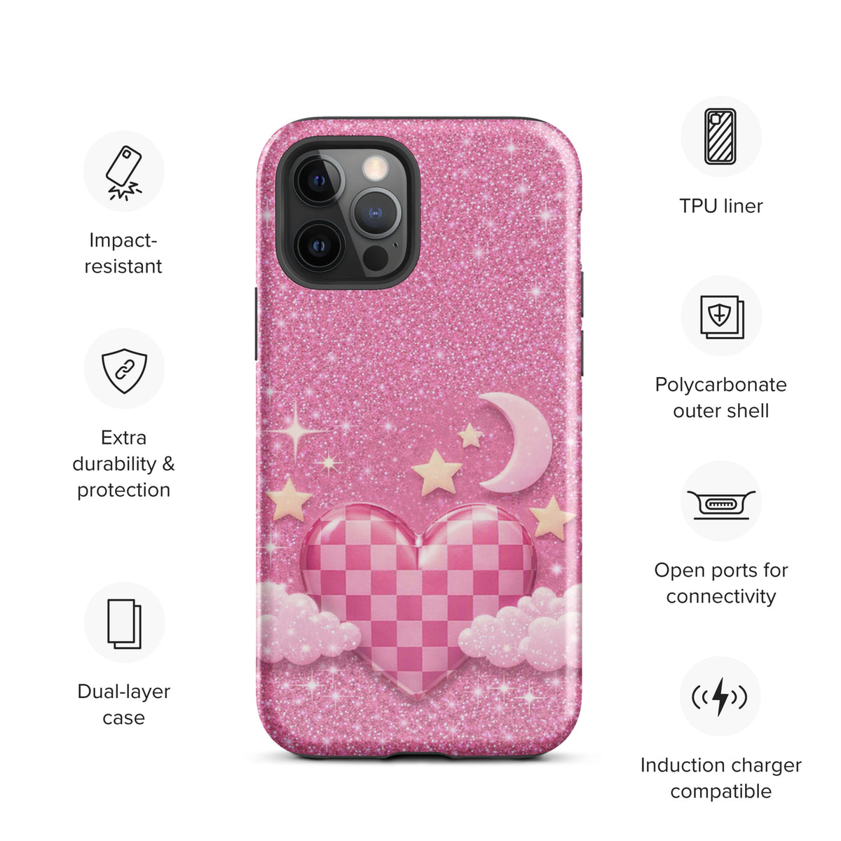 Phone Case for iPhone - Pink Checkered Heart Glitter Dream
