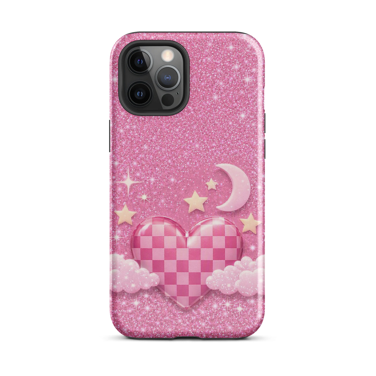 Phone Case for iPhone - Pink Checkered Heart Glitter Dream
