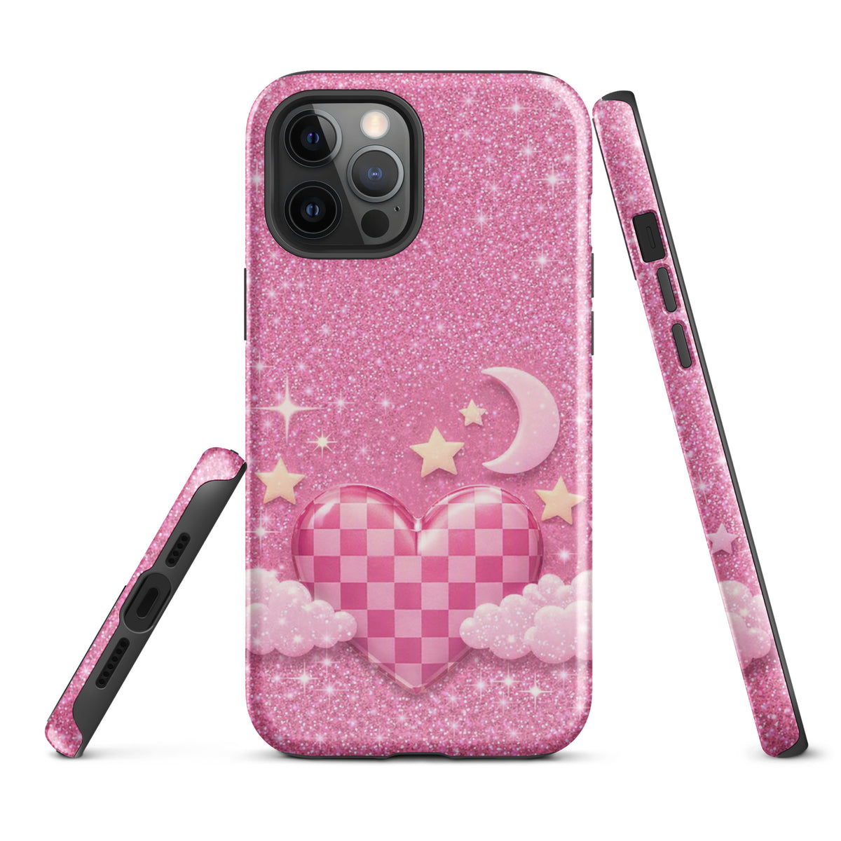 Phone Case for iPhone - Pink Checkered Heart Glitter Dream