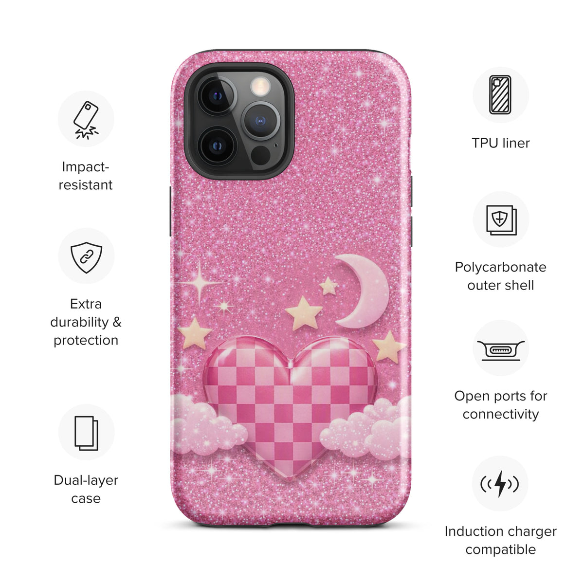 Phone Case for iPhone - Pink Checkered Heart Glitter Dream