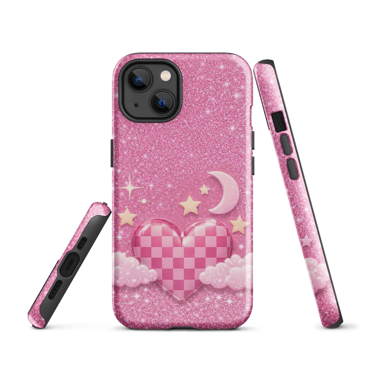 Phone Case for iPhone - Pink Checkered Heart Glitter Dream