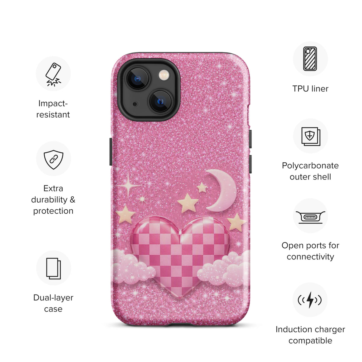 Phone Case for iPhone - Pink Checkered Heart Glitter Dream