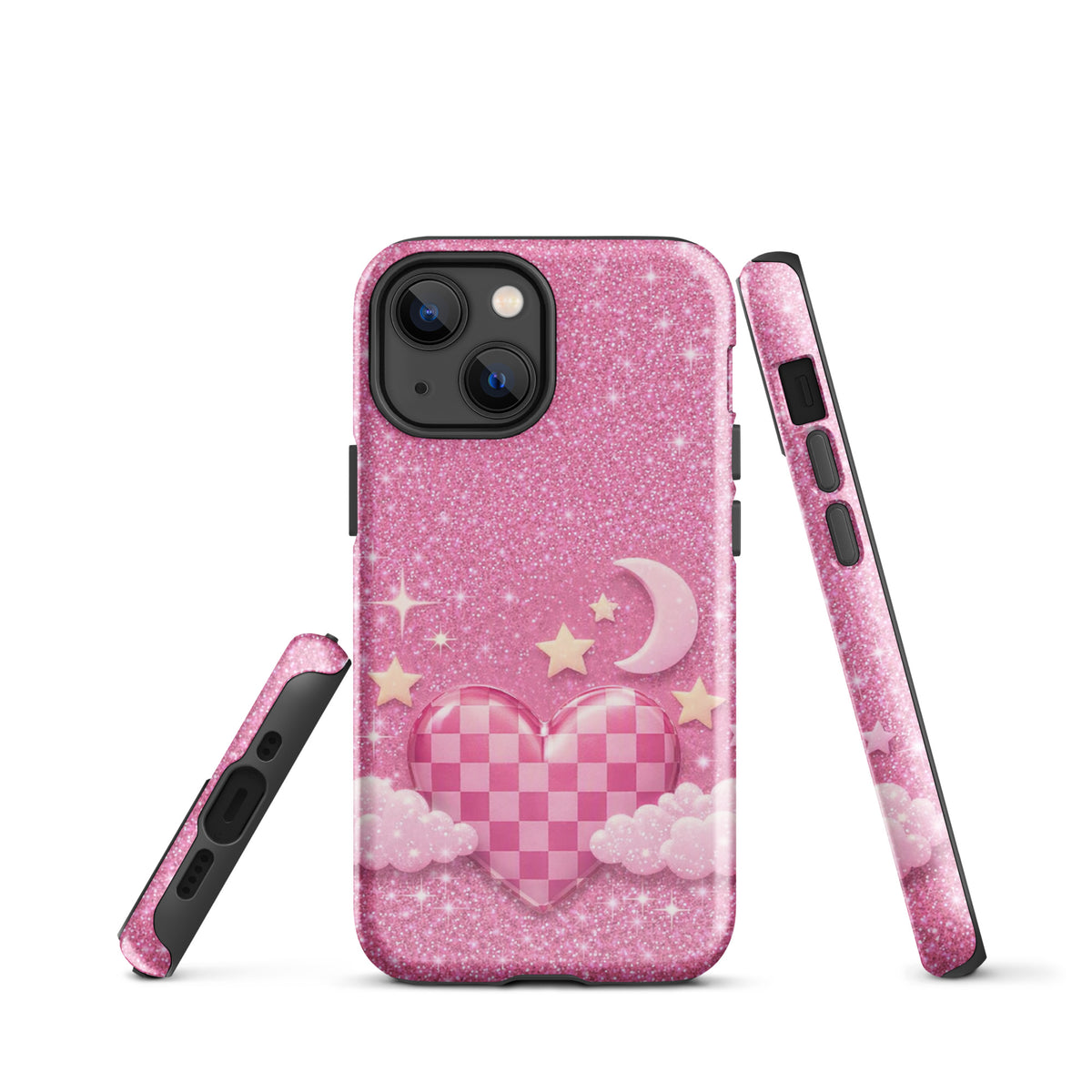 Phone Case for iPhone - Pink Checkered Heart Glitter Dream