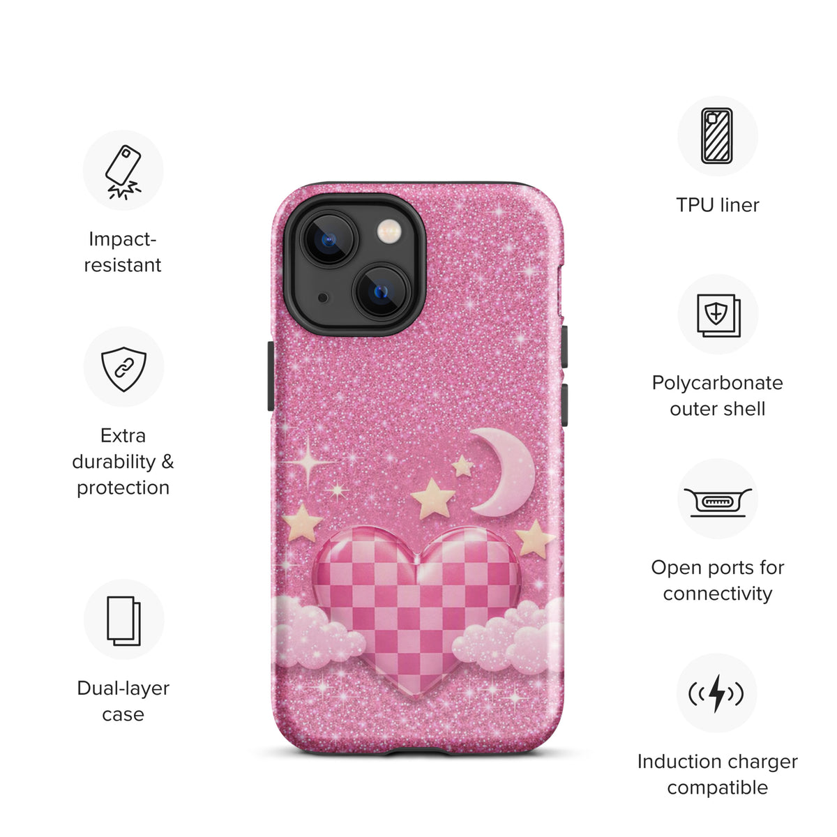 Phone Case for iPhone - Pink Checkered Heart Glitter Dream