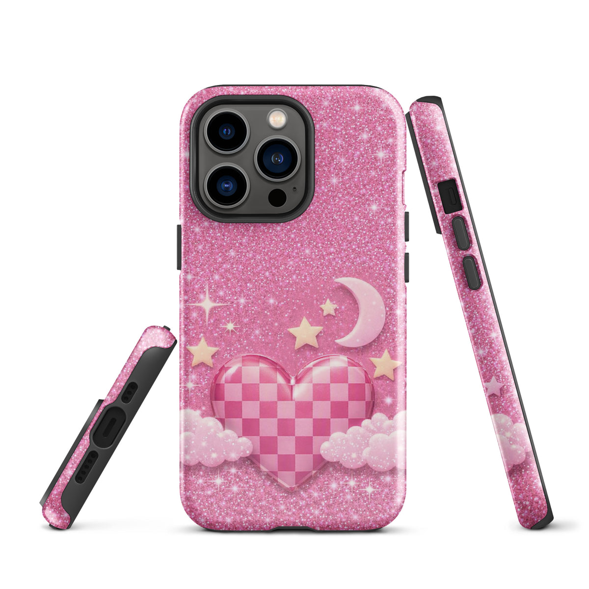 Phone Case for iPhone - Pink Checkered Heart Glitter Dream