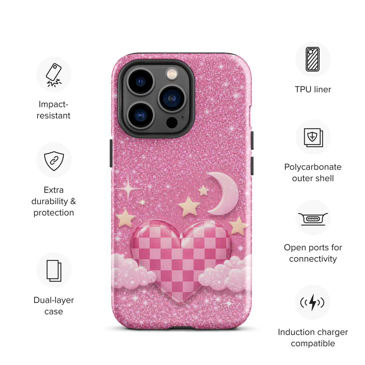 Phone Case for iPhone - Pink Checkered Heart Glitter Dream