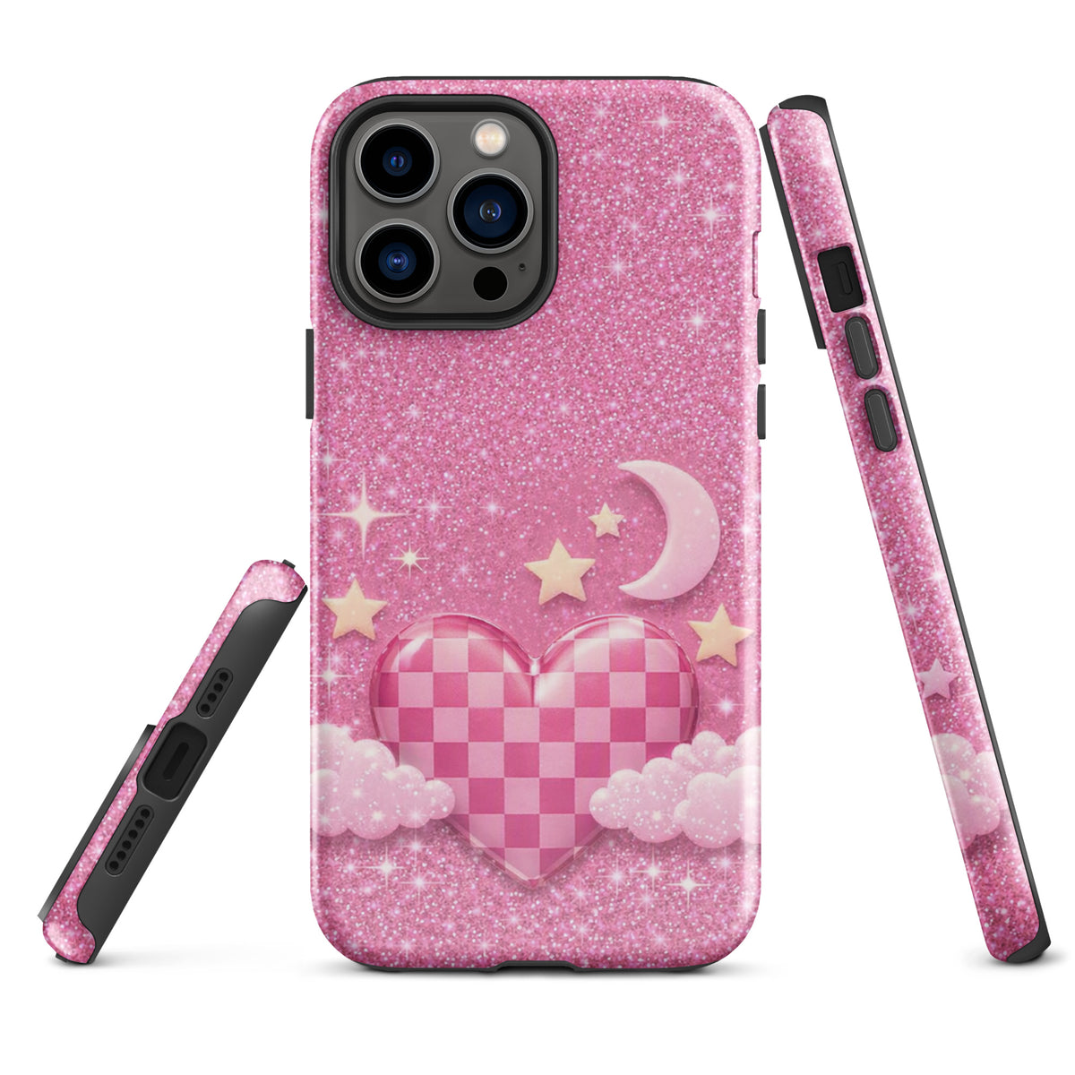 Phone Case for iPhone - Pink Checkered Heart Glitter Dream
