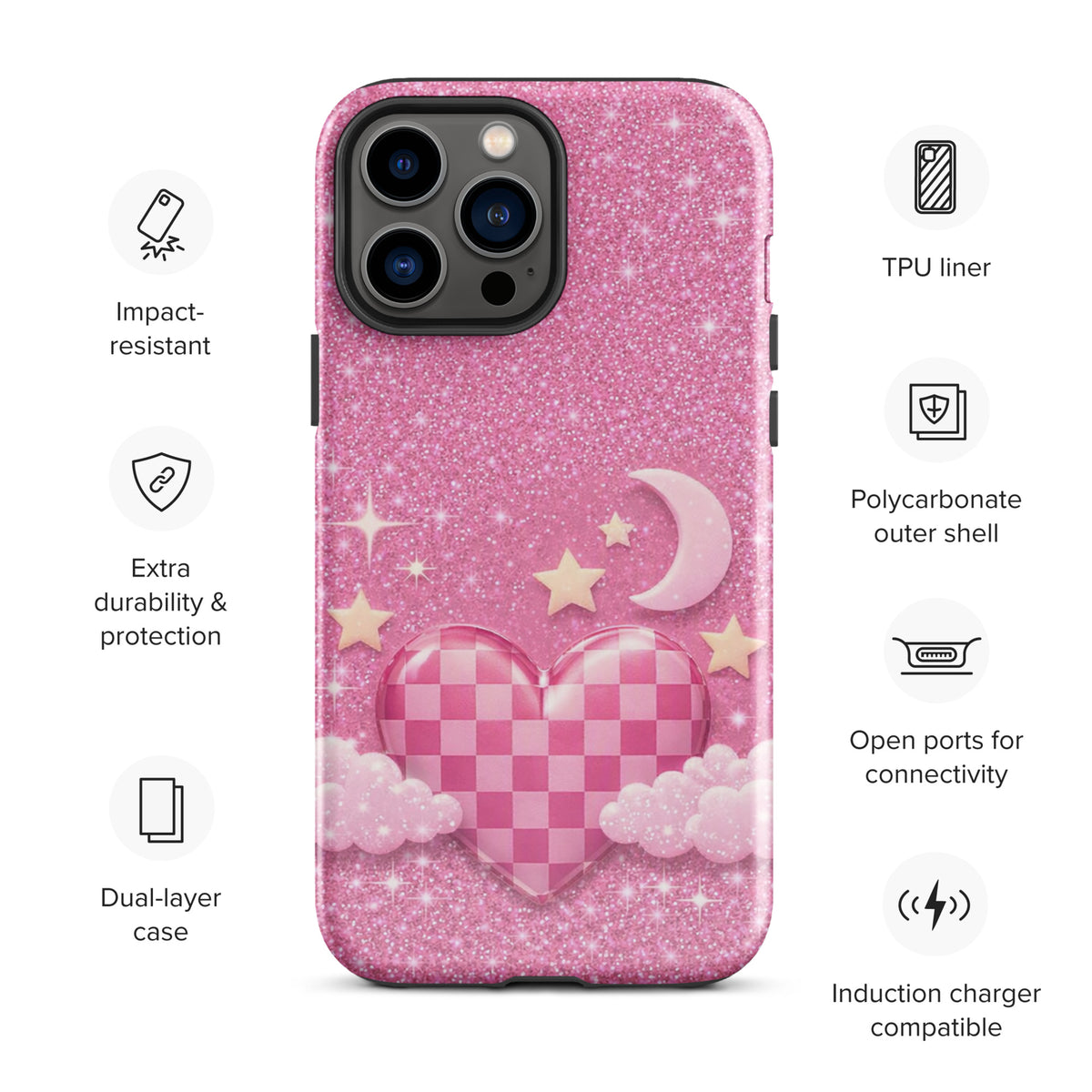 Phone Case for iPhone - Pink Checkered Heart Glitter Dream