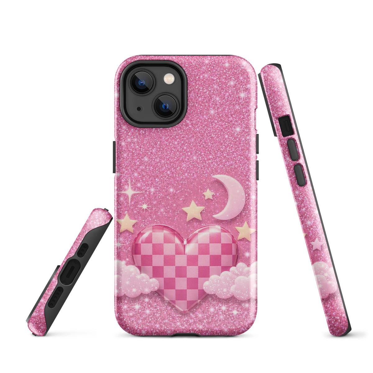 Phone Case for iPhone - Pink Checkered Heart Glitter Dream