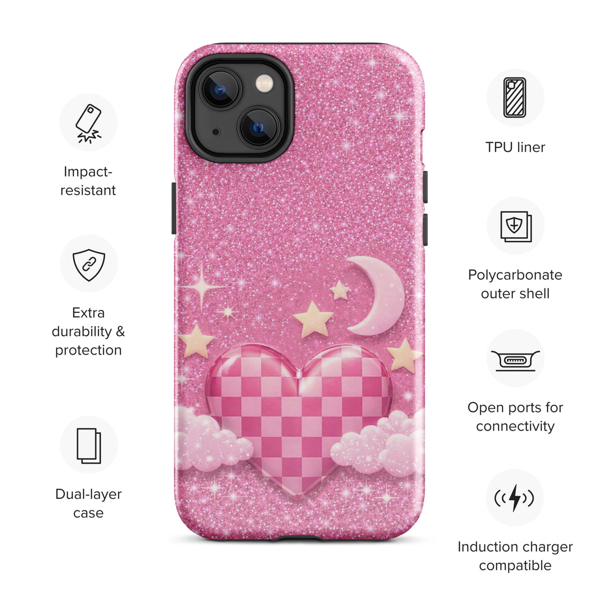 Phone Case for iPhone - Pink Checkered Heart Glitter Dream
