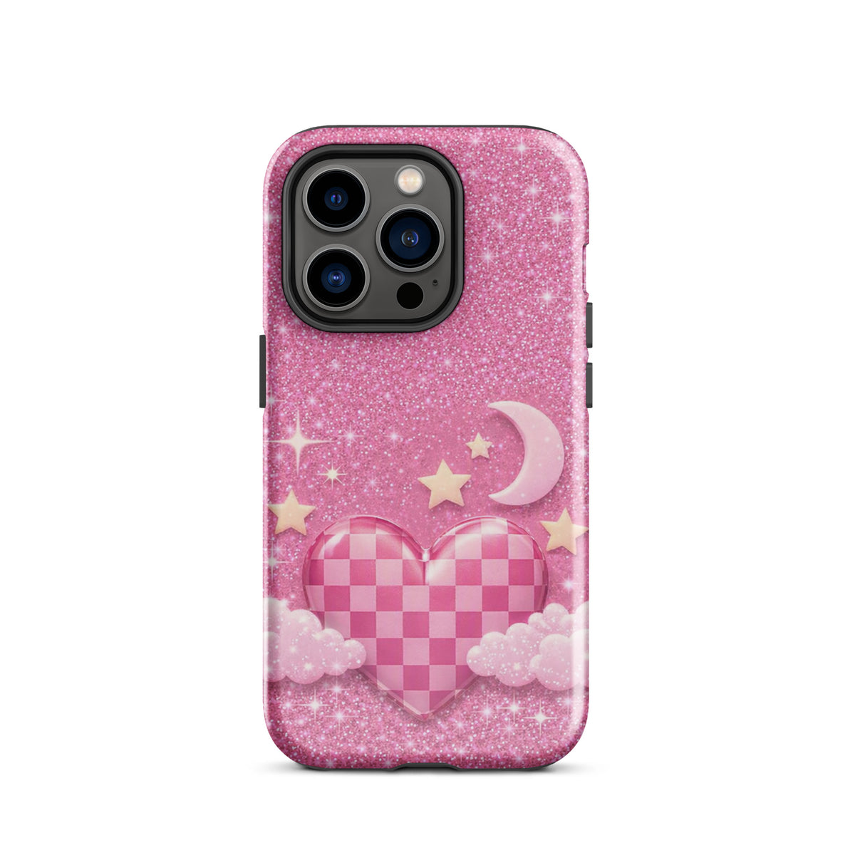Phone Case for iPhone - Pink Checkered Heart Glitter Dream