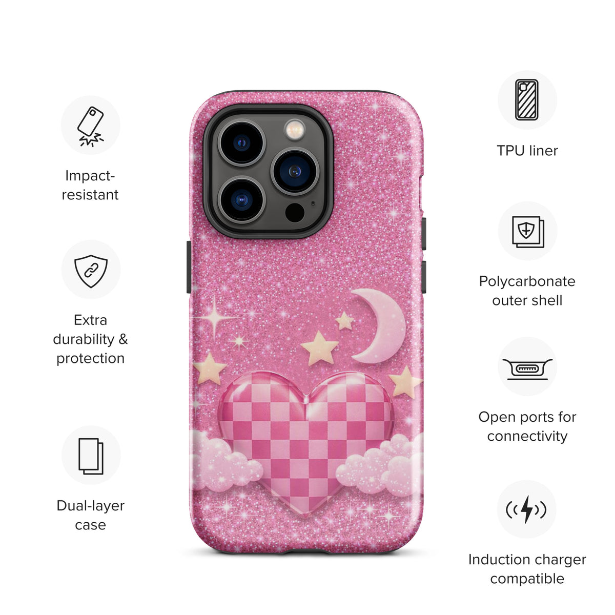 Phone Case for iPhone - Pink Checkered Heart Glitter Dream