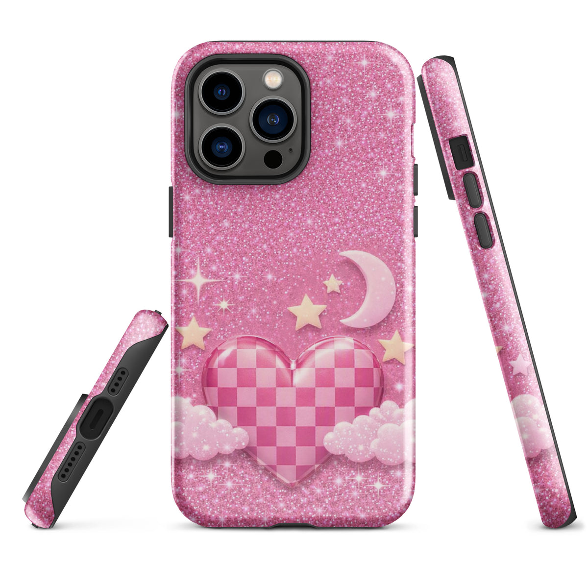 Phone Case for iPhone - Pink Checkered Heart Glitter Dream