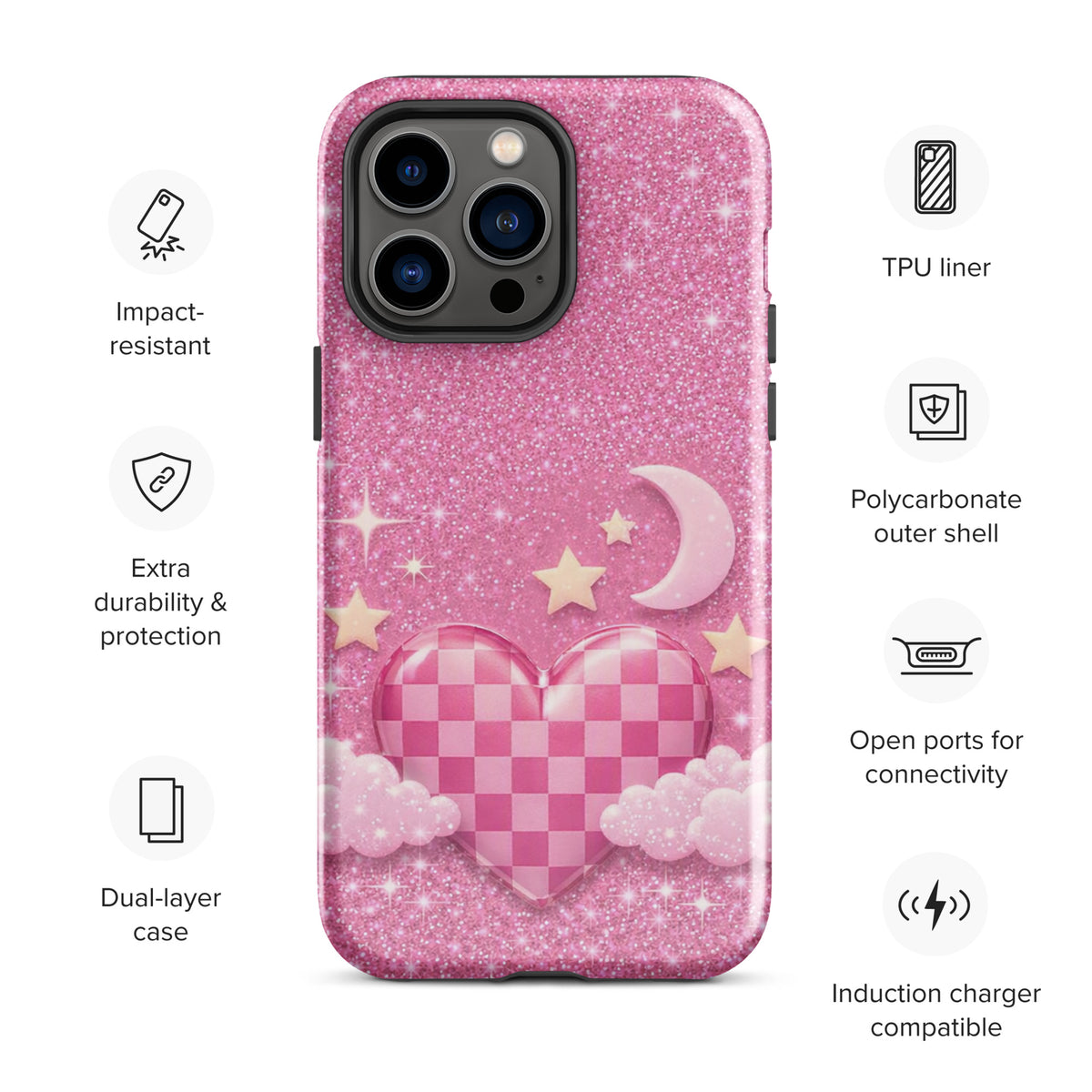 Phone Case for iPhone - Pink Checkered Heart Glitter Dream