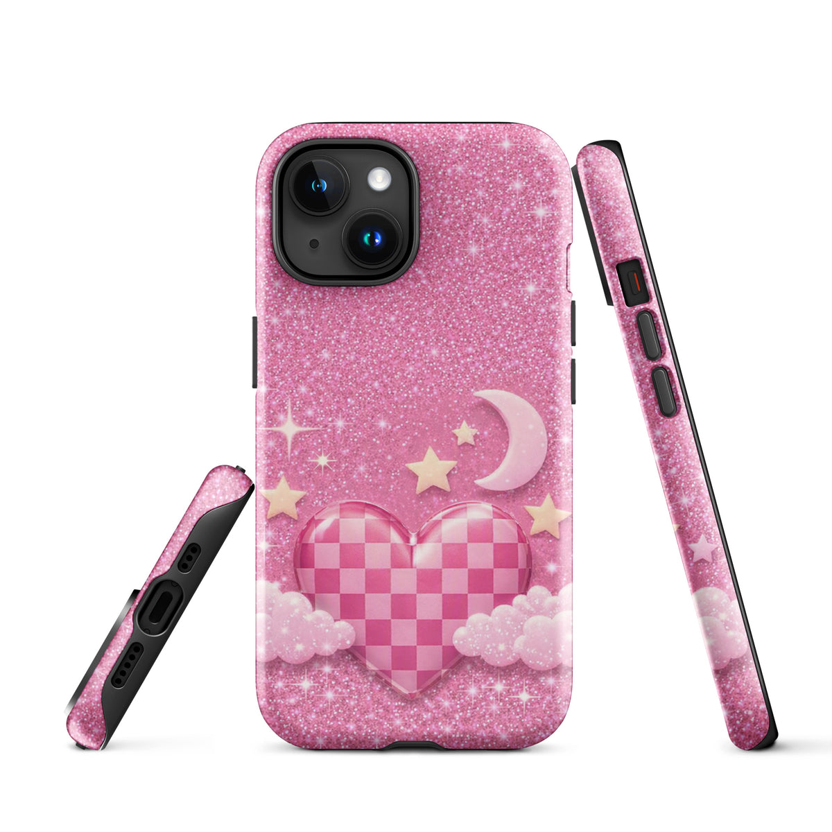 Phone Case for iPhone - Pink Checkered Heart Glitter Dream