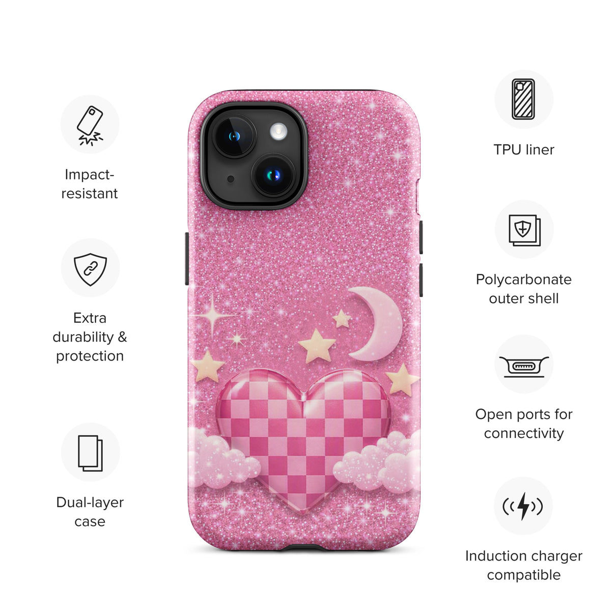 Phone Case for iPhone - Pink Checkered Heart Glitter Dream