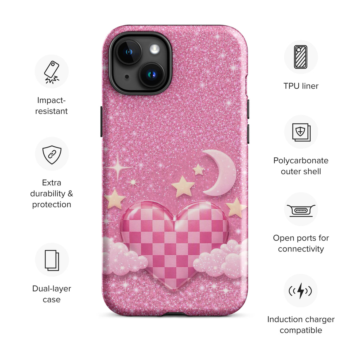 Phone Case for iPhone - Pink Checkered Heart Glitter Dream