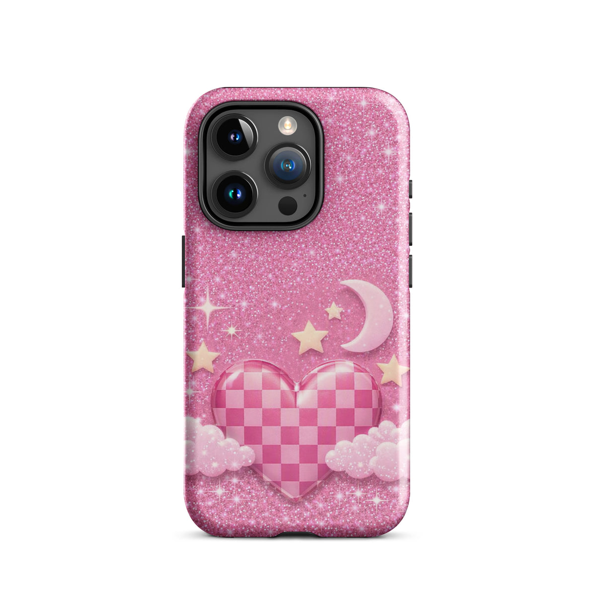 Phone Case for iPhone - Pink Checkered Heart Glitter Dream