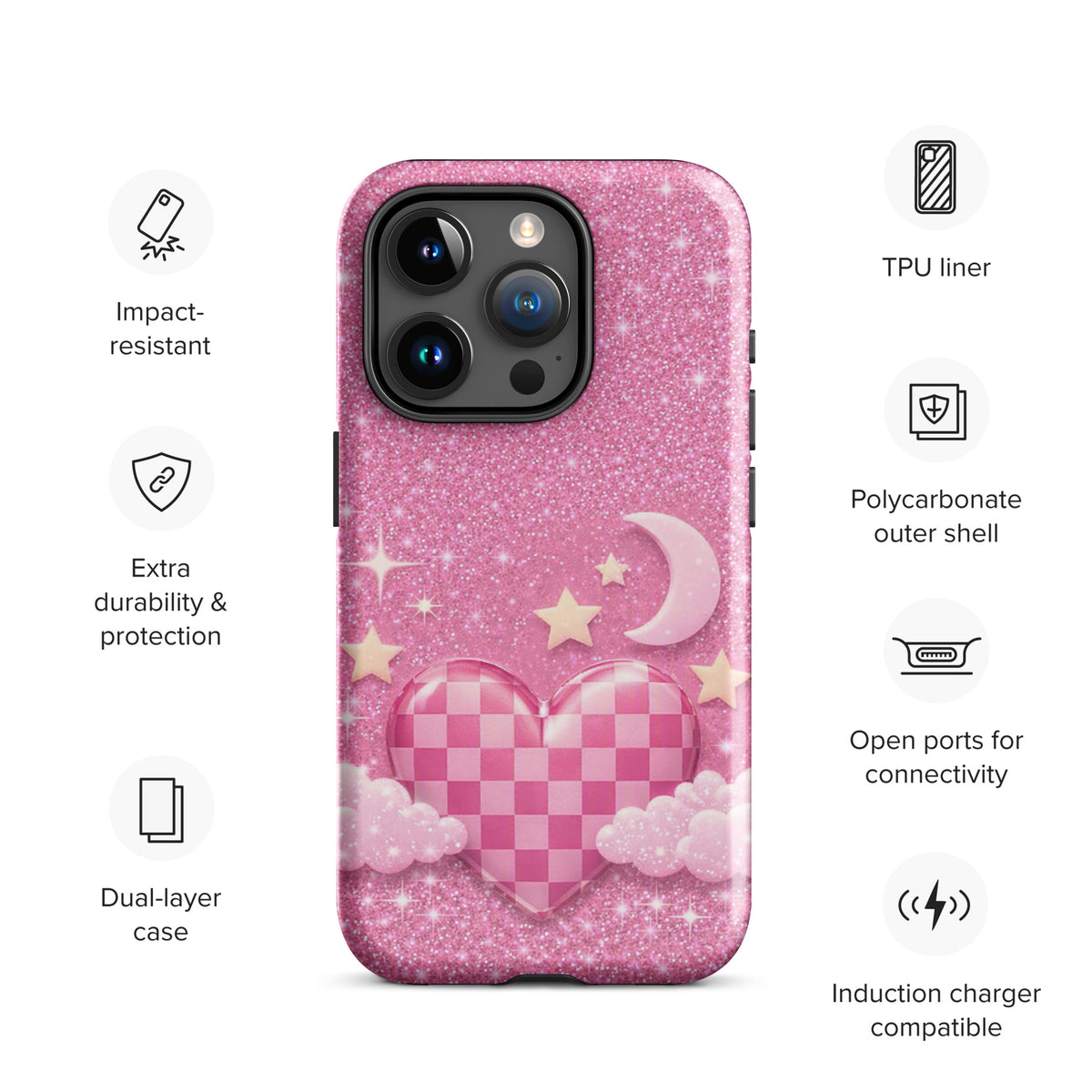 Phone Case for iPhone - Pink Checkered Heart Glitter Dream