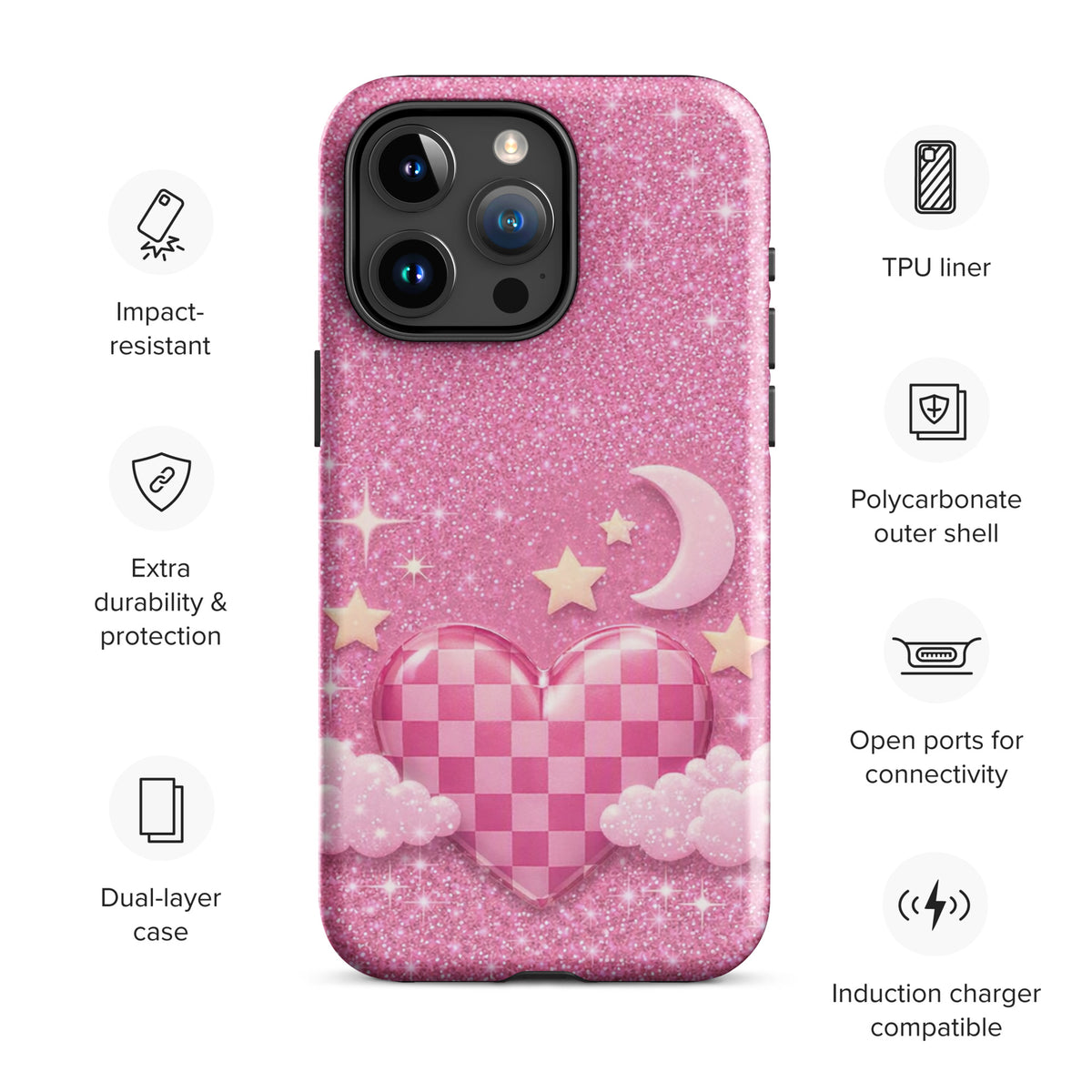 Phone Case for iPhone - Pink Checkered Heart Glitter Dream