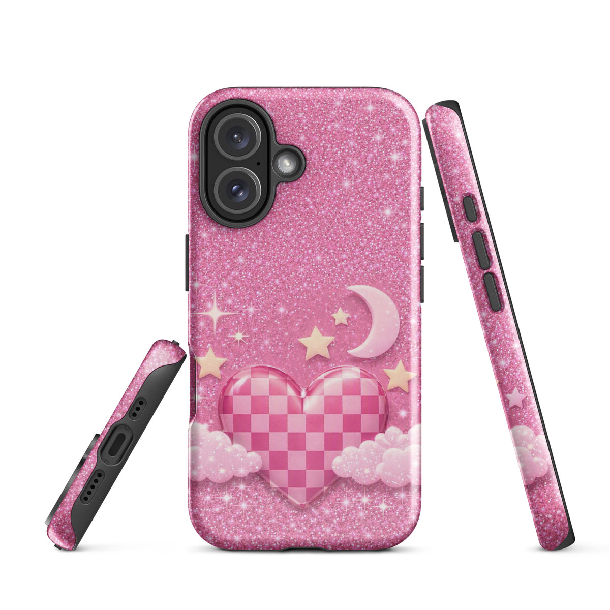 Phone Case for iPhone - Pink Checkered Heart Glitter Dream