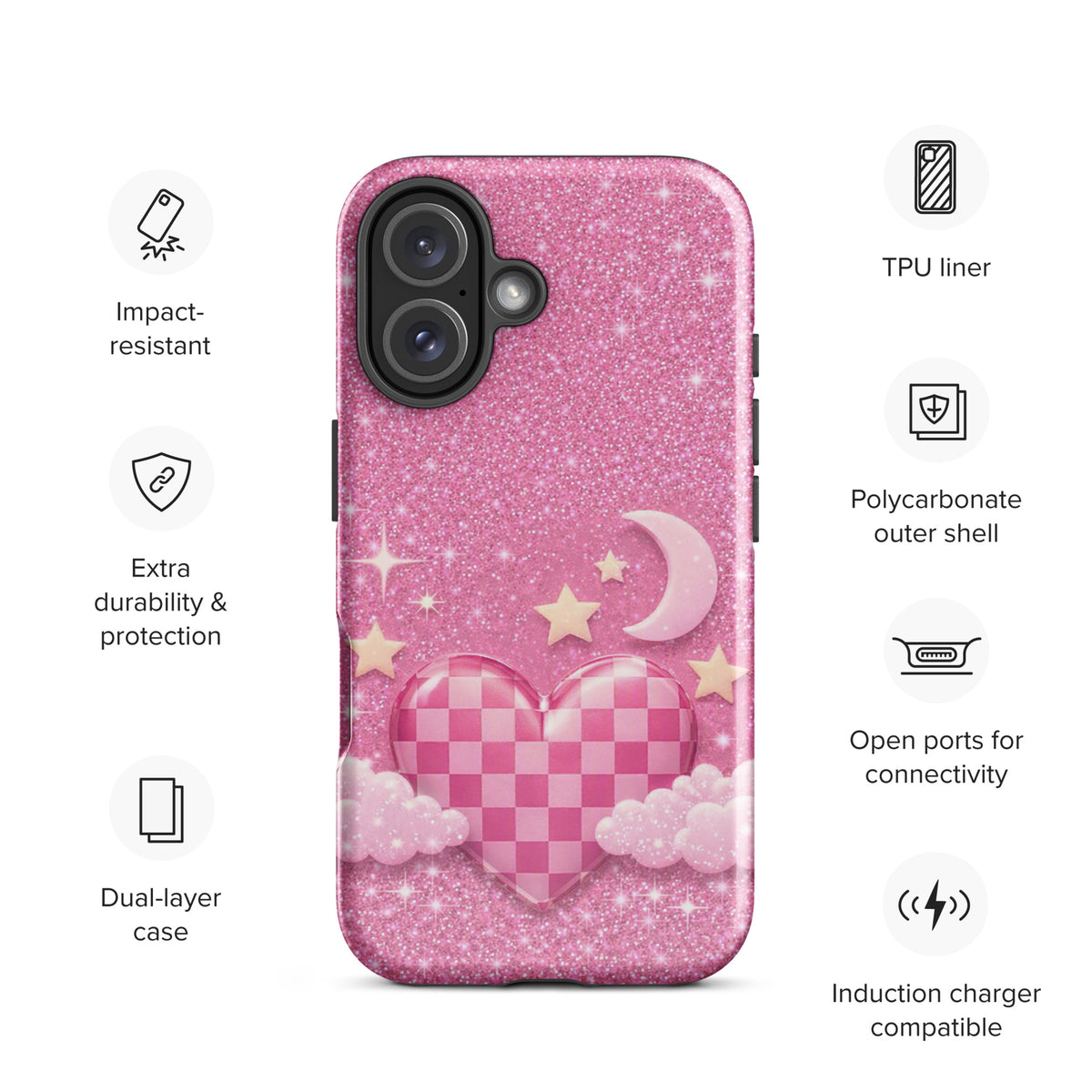 Phone Case for iPhone - Pink Checkered Heart Glitter Dream