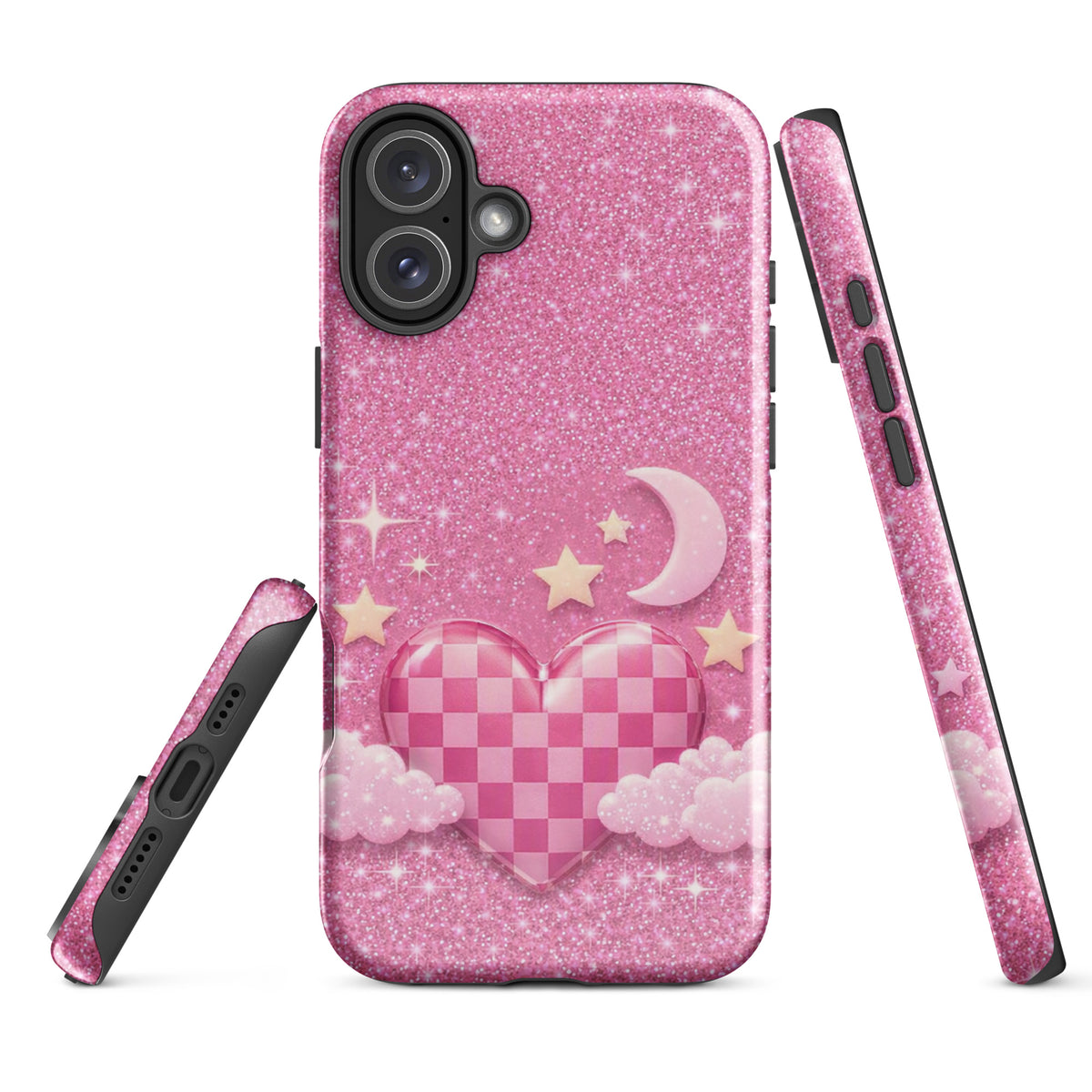 Phone Case for iPhone - Pink Checkered Heart Glitter Dream